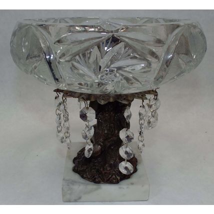 Vintage White Glass Ashtray Brass Base Cherub 40’s 50’s Hanging Crystals Marble