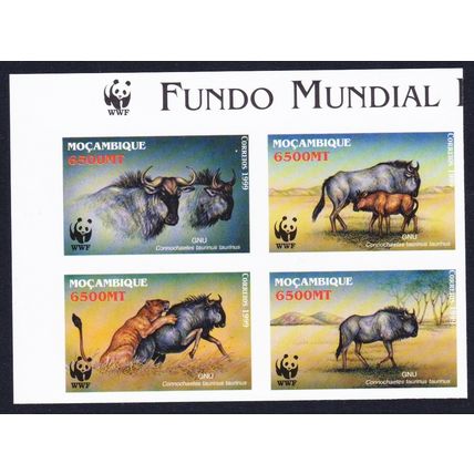 Mozambique WWF Blue Wildebeest T1 Imperf Block of 4 WWF Logo 2000 MNH