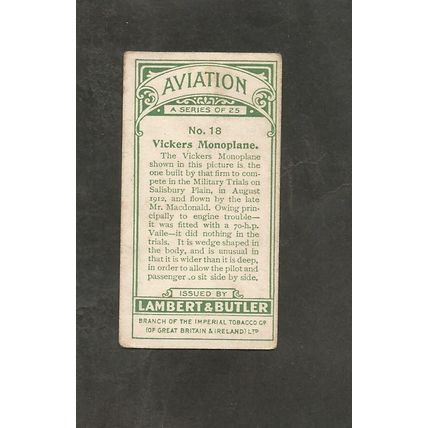 Cigarette Card 1915 Lambert & Butler Aviation #18 Vickers Monoplane