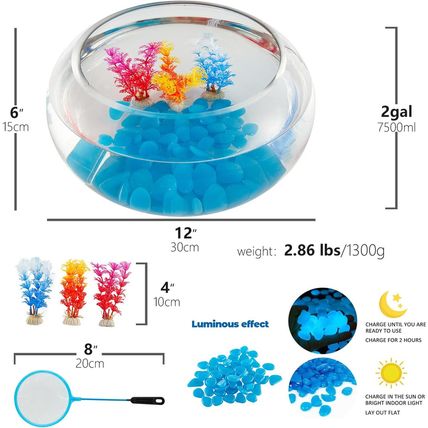 2 Gallon Glass Fish Bowl with Decor, Include Fluorescent Stones & Colorful Plast