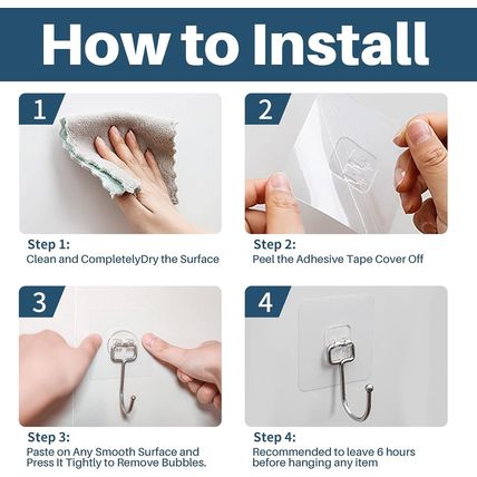 50 Pack Clear Adhesive Hooks, 37Lb(Max) Heavy Duty Self Adhesive Hooks, Sticky W