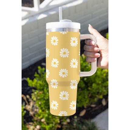 Yellow Daisy Print Handle Stainless Steel Portable Cup 1200ml