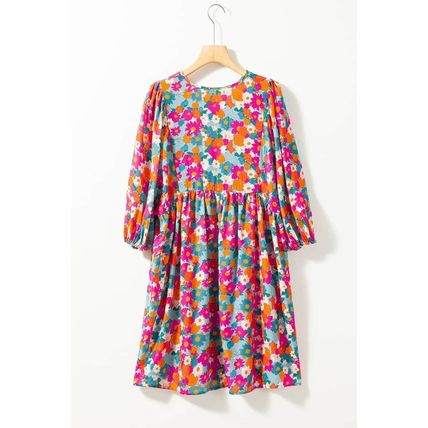 Sky Blue Floral Print Tie Split Neck Bubble Sleeve Babydoll Dress