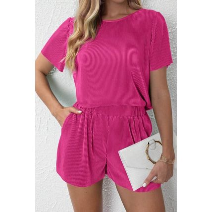 Bright Pink Casual Pleated Short Two-piece Set