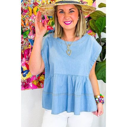 Beau Blue Trendy Stitching Detail Denim Peplum Top
