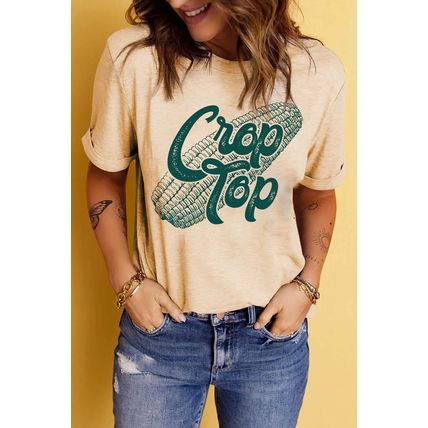 Khaki Corn Crop Top Graphic Tee