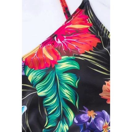Black Floral Print Wrapped Spaghetti Straps Tankini Set