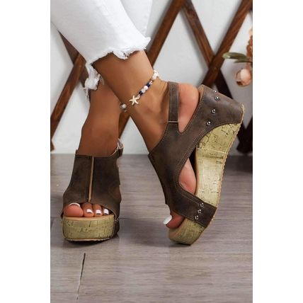 Chestnut Suede Patched Studded Cut Out Wedge Sandals