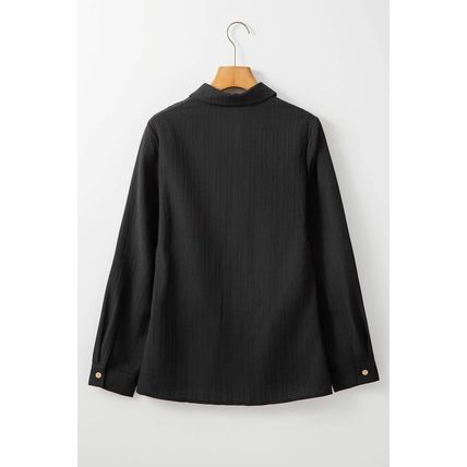 Black Solid Color Textured Buttoned Turn Down Collar Shirt