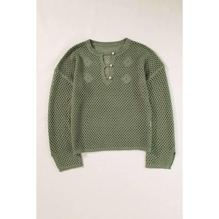 Vineyard Green Open Knit Buttoned Neck Split Sleeve Sweater