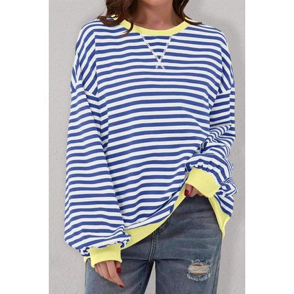 Blue Stripe Oversized Contrast Trim Pullover Sweatshirt