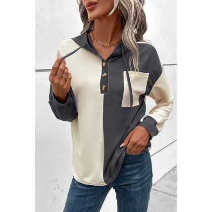 Dark Grey Waffle Colorblock Buttons Placket Drop Shoulder Drawstring Hoodie
