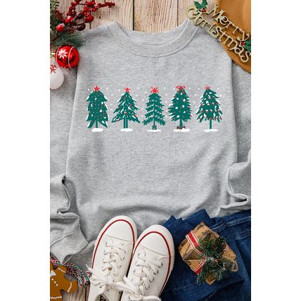 Gray 2-side Printed Christmas Tree Letter Graphic Sweatshirt