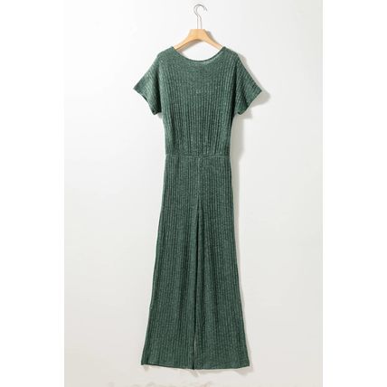 Mist Green Ribbed Keyhole Short Sleeve Wide Leg Jumpsuit