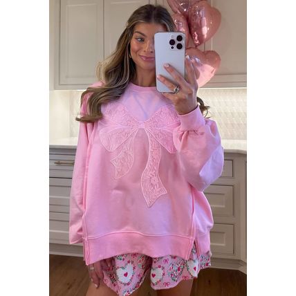 Bonbon Lace Insert Bow Embroidered Exposed Seam Sweatshirt