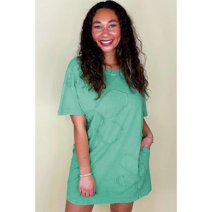 Mint Green Mineral Wash Flower Patchwork Mini T Shirt Dress