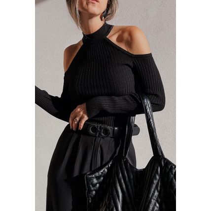 Black Ribbed Knit Cold Shoulder Choker Neck Sweater