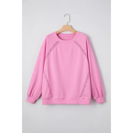 Bright Pink Lace Patched Raglan Sleeve Loose Fit Sweatshirt
