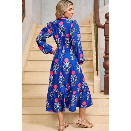 Blue Floral Print Striped Trim Split Neck Long Sleeve Ruffle Hem Midi Dress