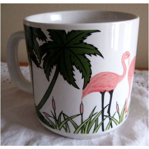 Coffee / Tea Mug With Pink Flamingo & Green Palm Tree Design