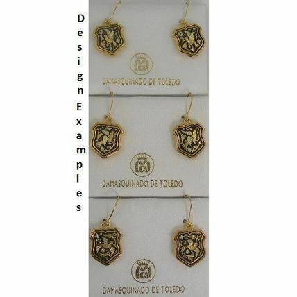 Damascene Gold Dove of Peace Design Shield Drop Earrings by Midas Toledo Spain