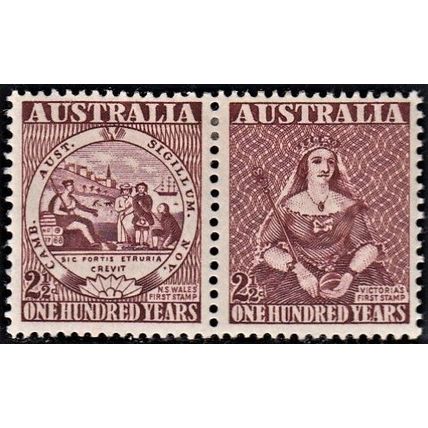 AUSTRALIA, 1950 First Postage stamps pair. SG239 (Scott #229a ), mint hinged