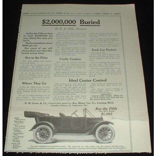 1913 Reo the Fifth Car Ad, $2,000,000 Buried!