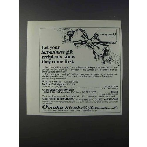 1981 Omaha Steaks Ad - Last-Minute Gift Recipients