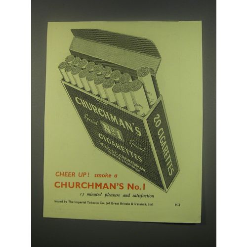 1949 Churchman's No. 1 Cigarettes Ad - Cheer up! Smoke a Churchman's No. 1