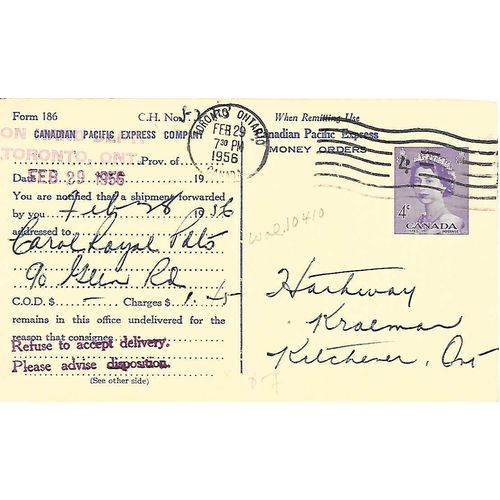 Canada #P85a Postal Card USED Karsh, CNR Railway. fm186 rouletted