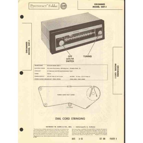 GROMMES model GRT-1 12 tube AM FM radio tuner Sams Photofact manual