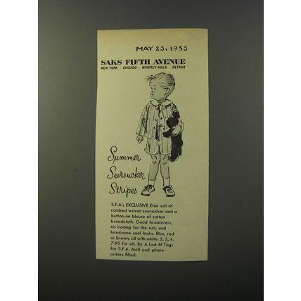 1953 Saks Fifth Avenue Eton Suit Ad - Summer seersucker stripes