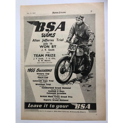 BSA WINS ALLAN JEFFERIES TRIAL JV SMITH 1955 VINTAGE MOTORCYCLE BRAKES ADVERT