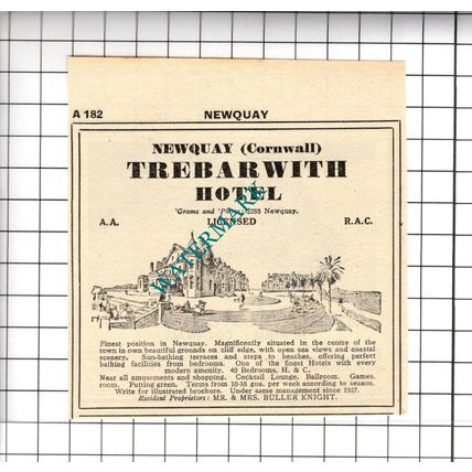 Trebarwith Hotel Mr Buller Knight Small Advert - 1958 Cutting
