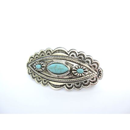 Blue stone silver tone metal western native tribal hair clip barrette