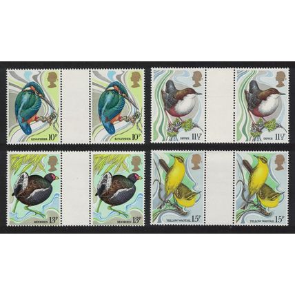 Great Britain Kingfisher Dipper Moorhen Wagtail Birds 4v Gutter Pairs 1980