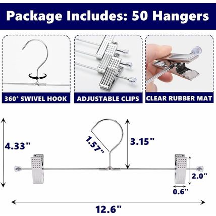 Amber Home 50 Pack Metal Pants Hangers with Clips, Heavy Duty Metal Skirt Hanger
