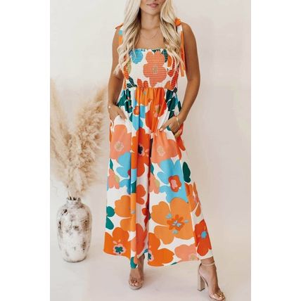 Orange Floral Self Tied Straps Smocked Bust Maxi Dress