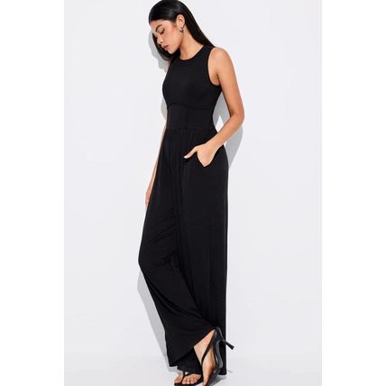 Black Cinched Waist Sleeveless Wide Leg Jumpsuit