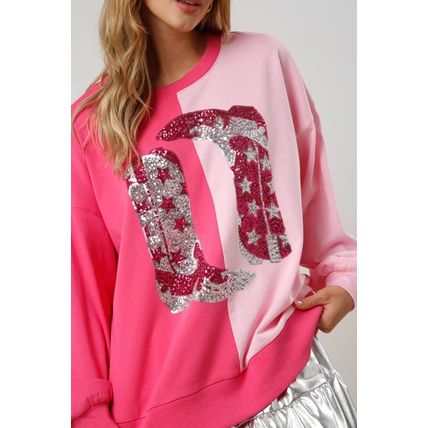Pink Color Block Sequined Cowgirl Boots Graphic Sweatshirt