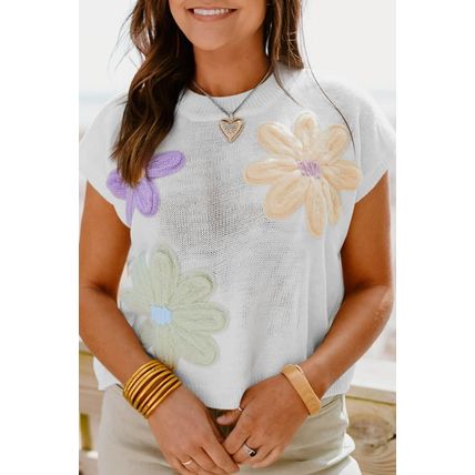 White Multi Crochet Flower Knit Short Sleeve Sweater Tops