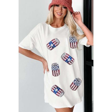White Sequin American Flag Can Oversized Graphic Tee