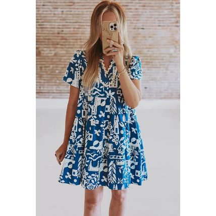 Blue Ricrac Trim Split Neck Floral Loose Dress