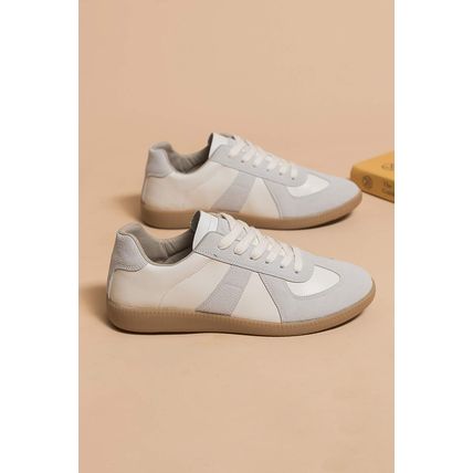 Beige PU Leather Suede Patched Lace-up Flat Shoes