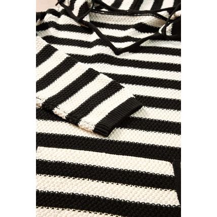 White Stripe V Neck Pocketed Drawstring Hooded Sweater
