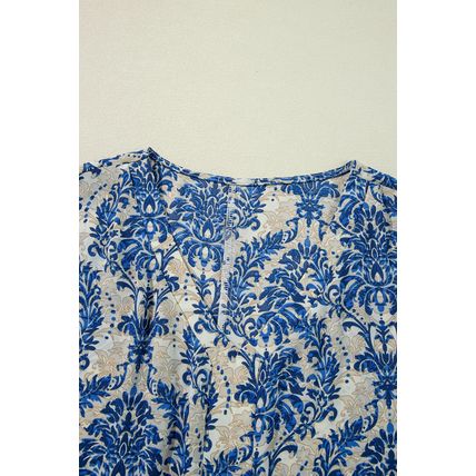 Blue Plus Size Ethnic Printed 3/4 Sleeve V Neck Loose Blouse