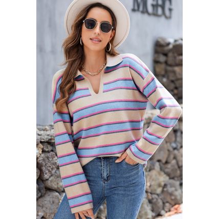 Apricot Stripe Collared V Neck Drop Shoulder Loose Sweater