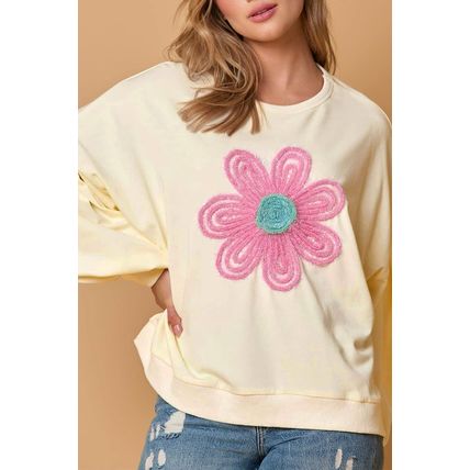 Beige Tinsel Flower Dropped Puff Sleeve Sweatshirt