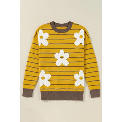 Yellow Stripe Daisy Floral Knitted Round Neck Sweater