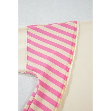 Pink Stripe Colorblock Patchwork Collared French Terry Knit Top
